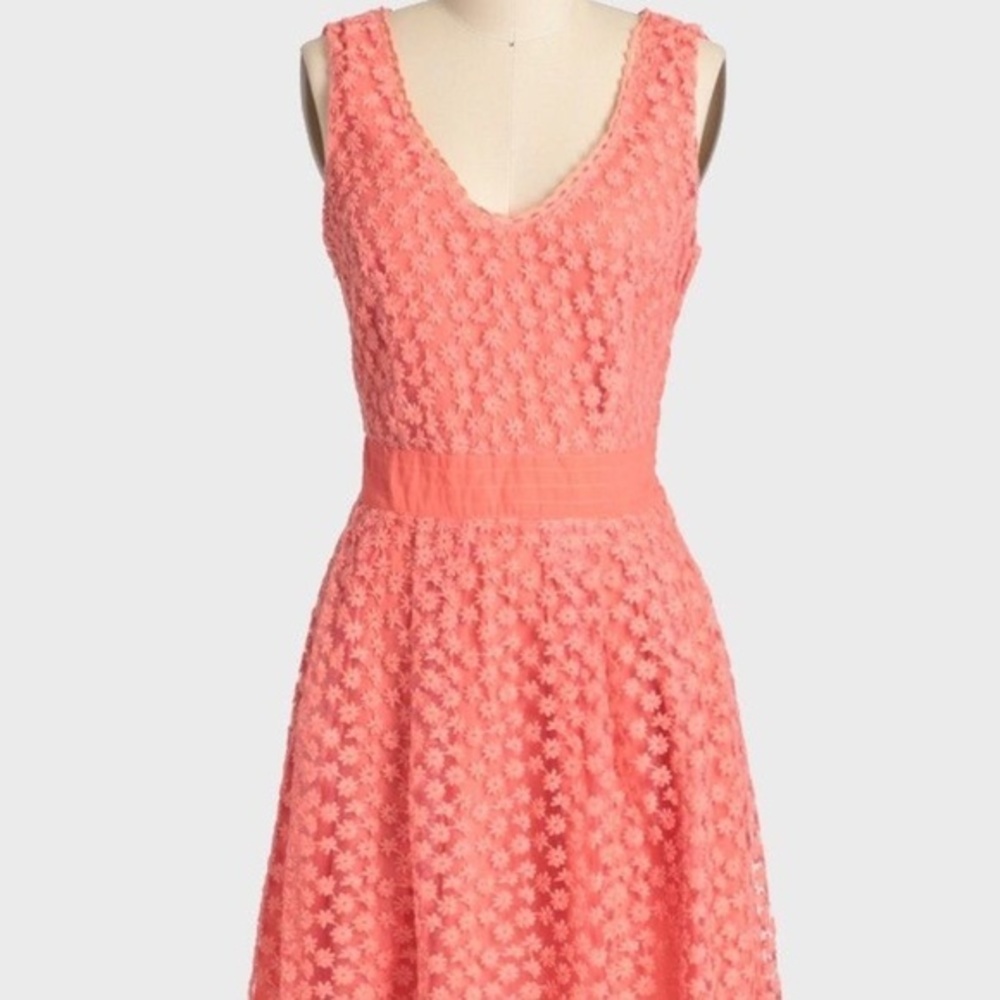 Nick & Mo Pink Coral Floral Modern Vintage Lace Dress